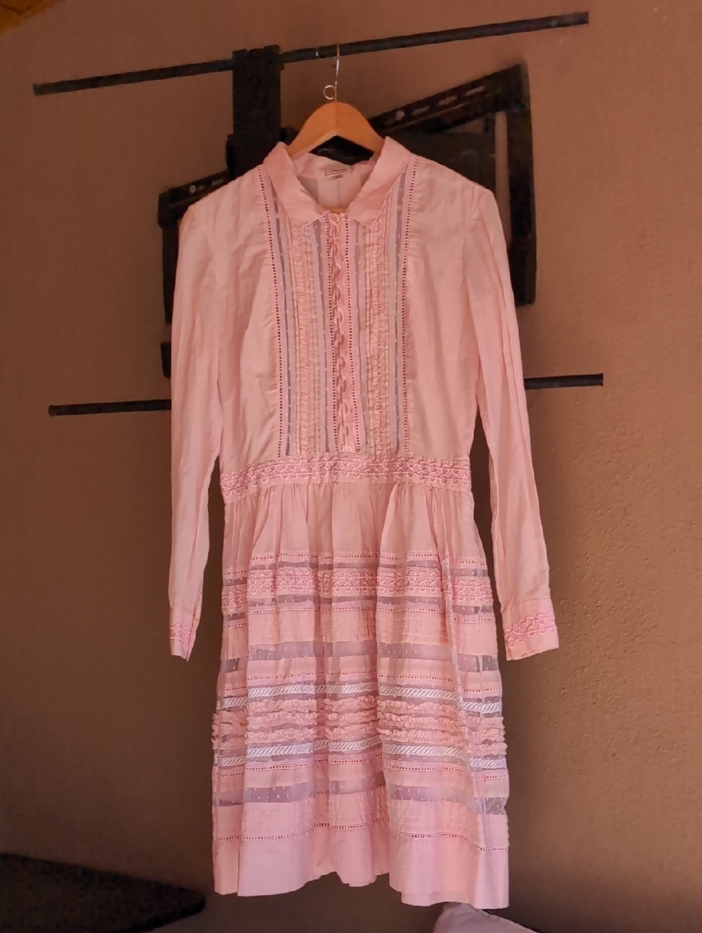 Temperley London Pink Lace-Trimmed Long-Sleeve Midi Dress